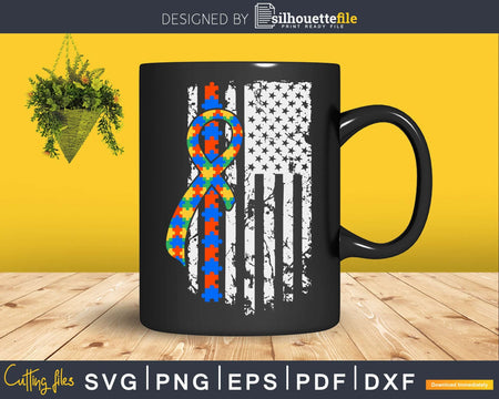 Autism Awareness Puzzle Ribbon American Flag Svg Dxf Png