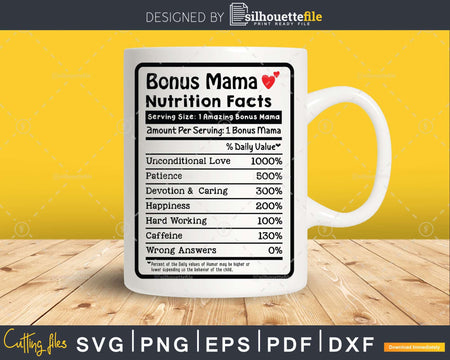 Bonus Mama Nutrition Facts Funny Mothers Day Svg Png Cricut