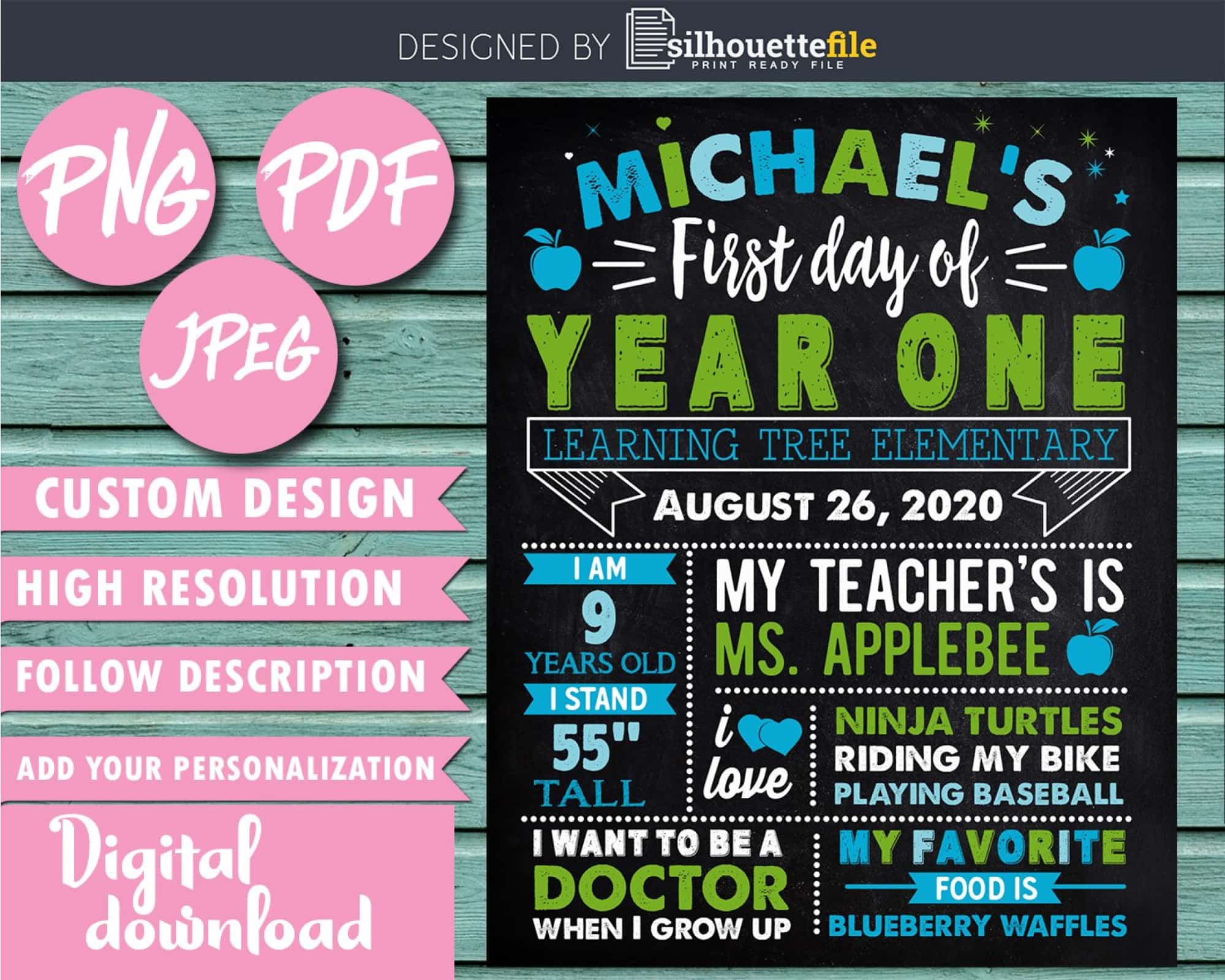 First Day of School Chalkboard Sign Poster Template Year One Files | Silhouettefile first-day-of-school-chalkboard-sign-poster-template-year-one-files-silhouettefile