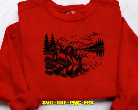 Whitetail Deer Lake Scene Laser SVG Cut File