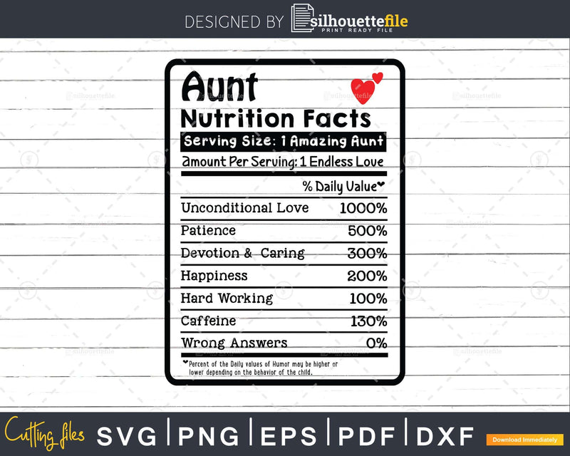 Aunt Nutrition Facts Funny Mothers Day Svg Png Cricut Files