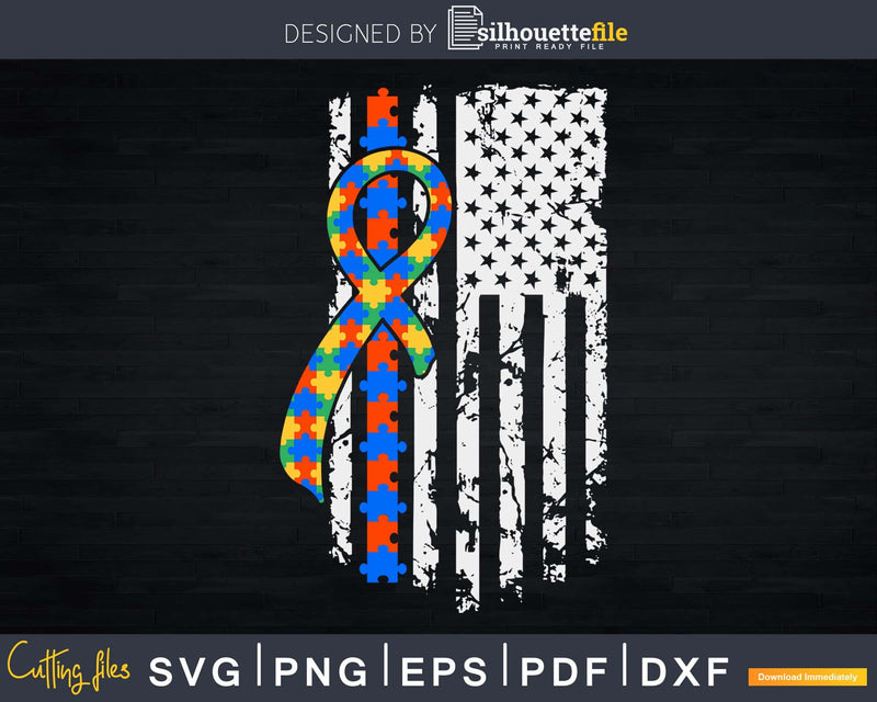 Autism Awareness Puzzle Ribbon American Flag Svg Dxf Png