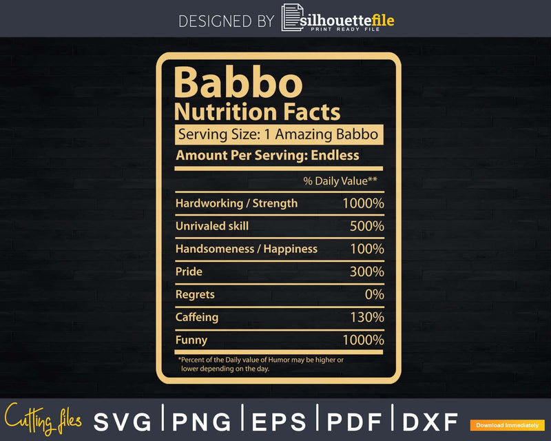 Babbo Nutrition Facts Father’s Day Gift Svg Dxf Premium