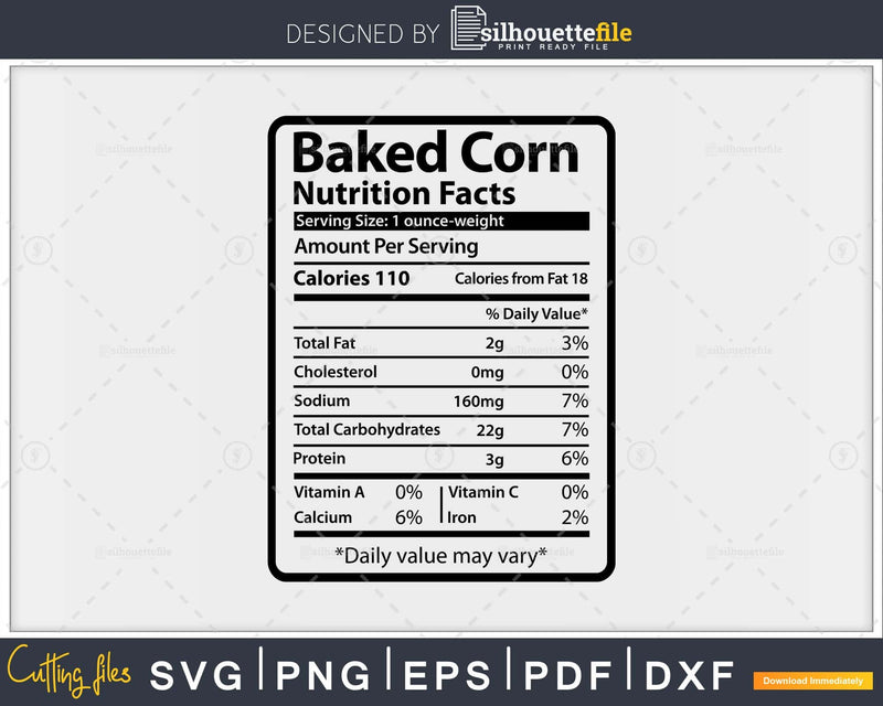 Baked Corn Nutrition Facts Funny Thanksgiving Christmas Svg