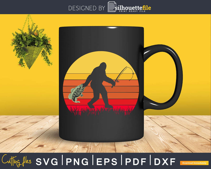 Bigfoot Sasquatch Fishing Sunset Retro Fisherman Angler Svg