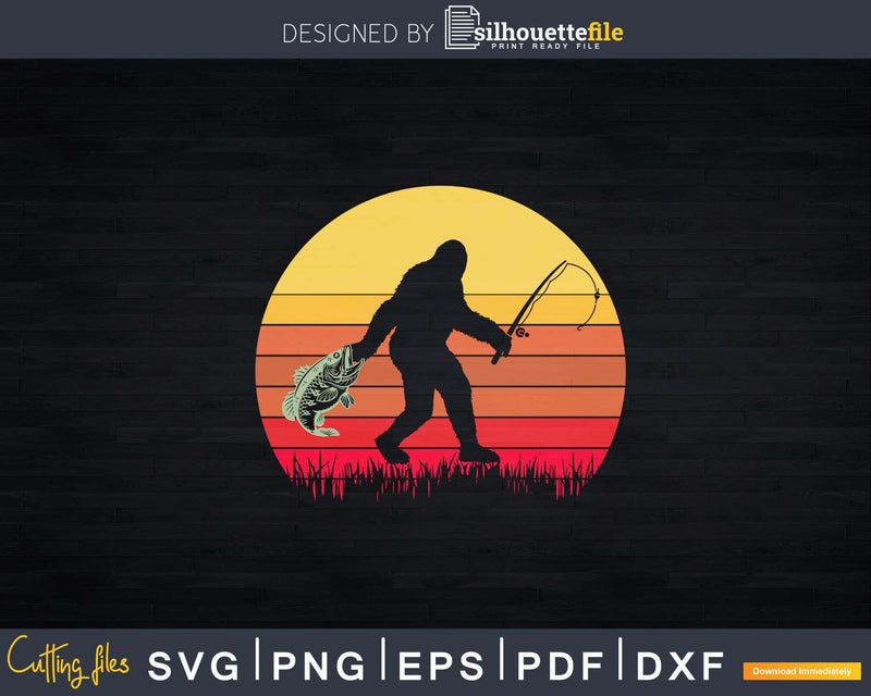 Bigfoot Sasquatch Fishing Sunset Retro Fisherman Angler Svg