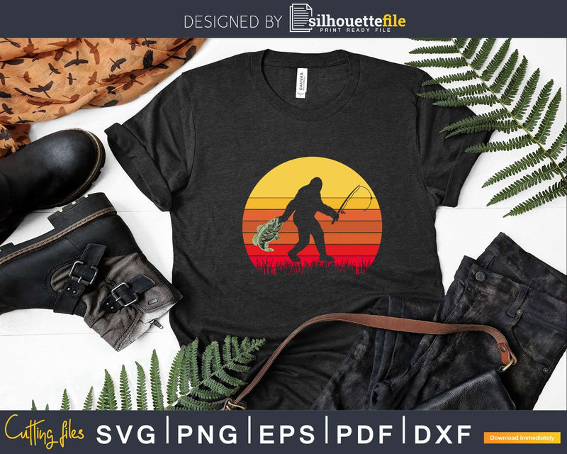 Bigfoot Sasquatch Fishing Sunset Retro Fisherman Angler Svg