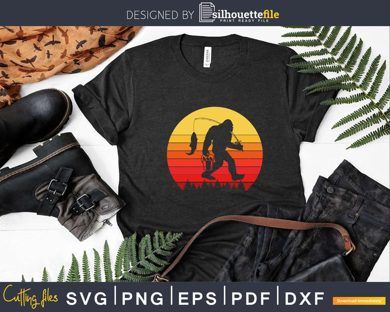 Bigfoot Sasquatch Fishing Sunset Retro Fisherman Angler Svg