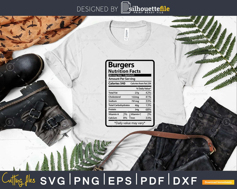 Burgers Nutrition Facts Funny Thanksgiving Christmas Svg Png