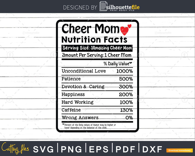Cheer Mom Nutrition Facts Funny Mothers Day Cheerleading Svg