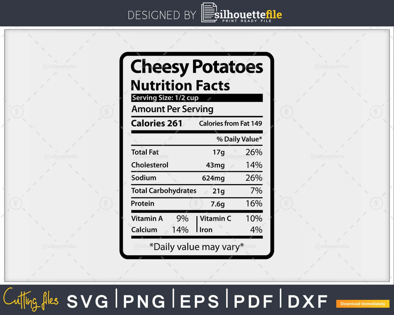 Cheesy Potatoes Nutrition Facts Funny Thanksgiving Svg Png