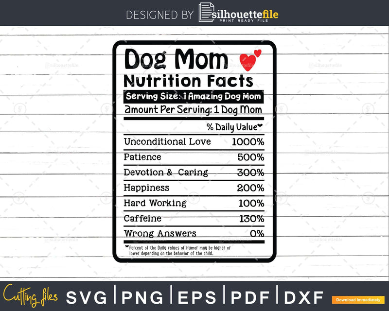 Dog Mom Nutrition Facts Funny Mothers Day Png Svg T-shirt