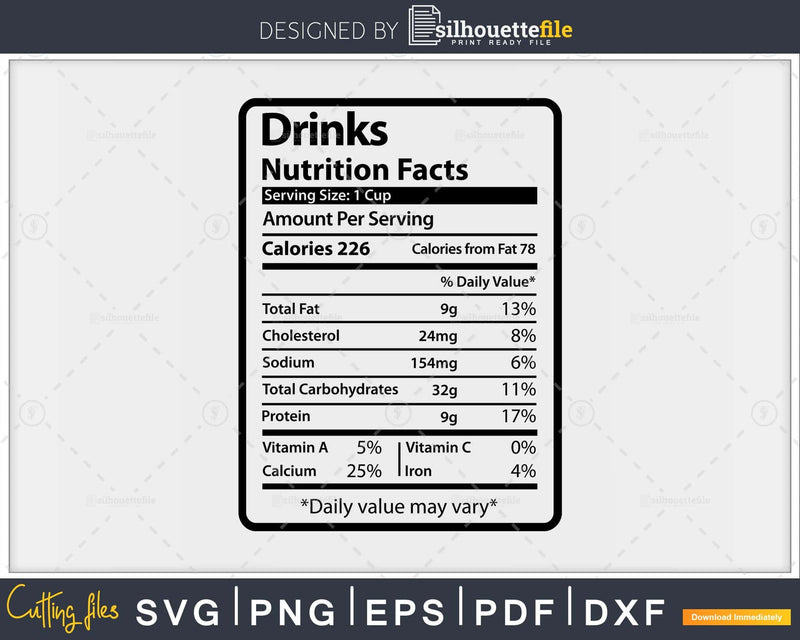 Drinks Nutrition Facts Funny Thanksgiving Christmas Svg Png