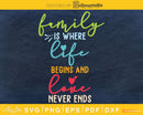 family is where life begins and love never ends cricut SVG