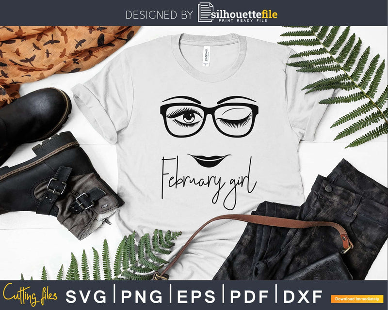 February girl birthday svg face glasses winked eye png cut