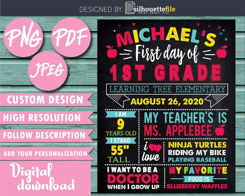 First Day of School Chalkboard Sign Grade Printable Files