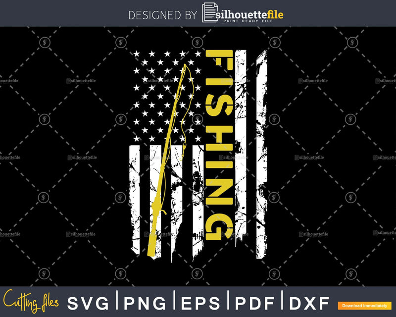 Fishing Rod Reel American Flag svg cut instant download silhouette file