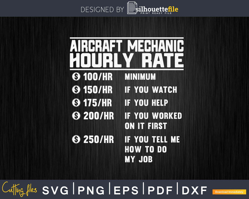 Funny Aircraft Mechanic Hourly Rate Svg Png Cricut Files