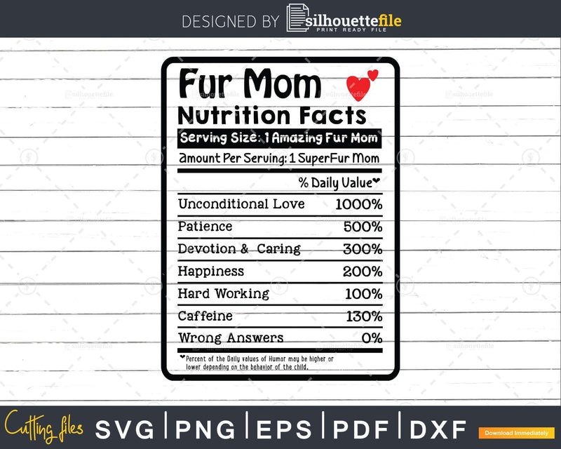 Fur Mom Nutrition Facts Funny Mothers Day Png Svg T-shirt