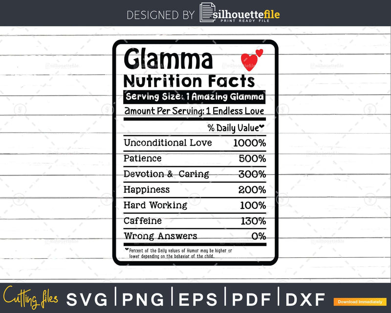 Glamma Nutrition Facts Funny Mothers Day Grandma Png Svg