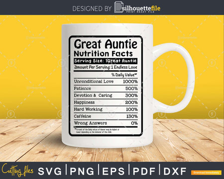 Great Auntie Nutrition Facts Funny Mothers Day Svg Png