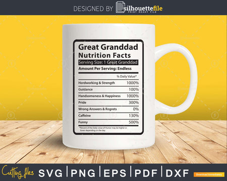 Great Granddad Nutrition Facts Funny Fathers Day Svg Diy