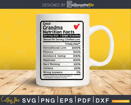 Great Grandma Nutrition Facts Funny Mothers Day Svg Png