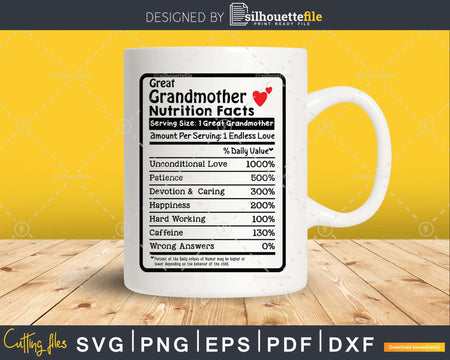 Great Grandmother Nutrition Facts Funny Mothers Day Svg Png