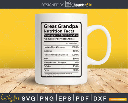 Great Grandpa Nutrition Facts Funny Fathers Day Svg Shirt
