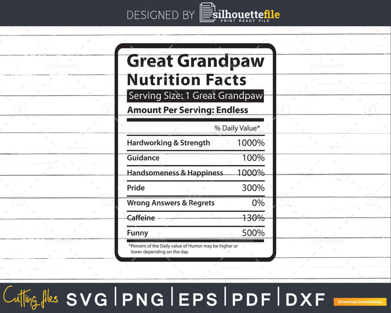 Great Grandpaw Nutrition Facts Funny Fathers Day Svg Shirt