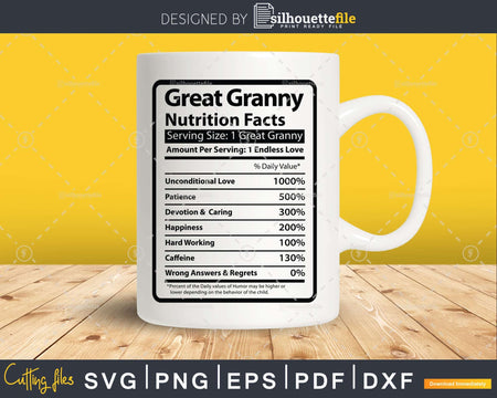 Great Granny Nutrition Facts Funny Mothers Day Svg Png