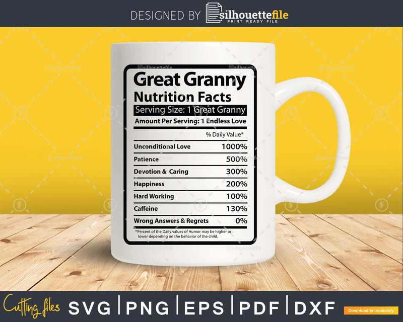 Great Granny Nutrition Facts Funny Mothers Day Svg Png