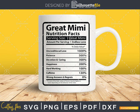Great Mimi Nutrition Facts Funny Mothers Day Svg Png Cricut