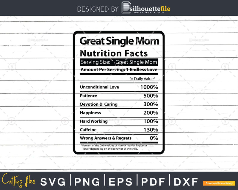 Great Single Mom Nutrition Facts Funny Mothers Day Svg Png