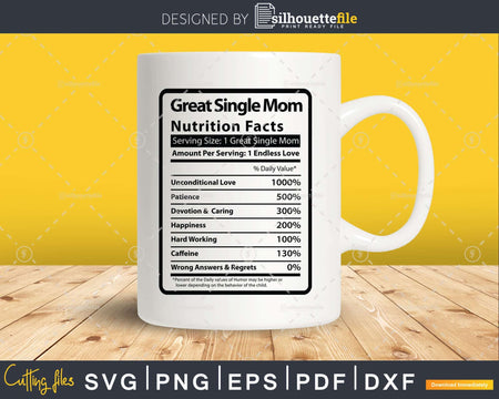 Great Single Mom Nutrition Facts Funny Mothers Day Svg Png
