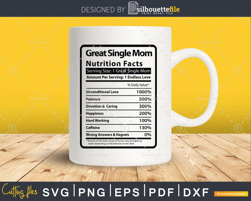 Great Single Mom Nutrition Facts Funny Mothers Day Svg Png