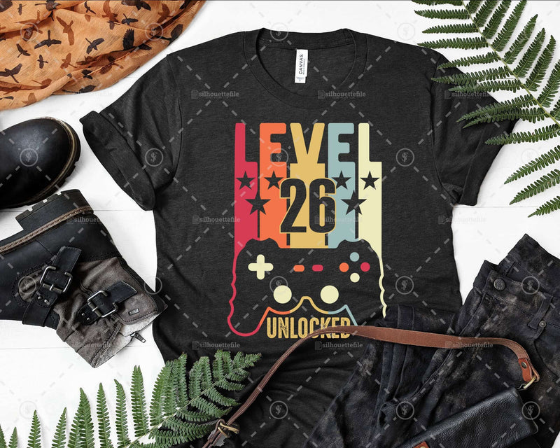 Level 26 Unlocked 26th Birthday Vintage Video Gamer Svg Cut