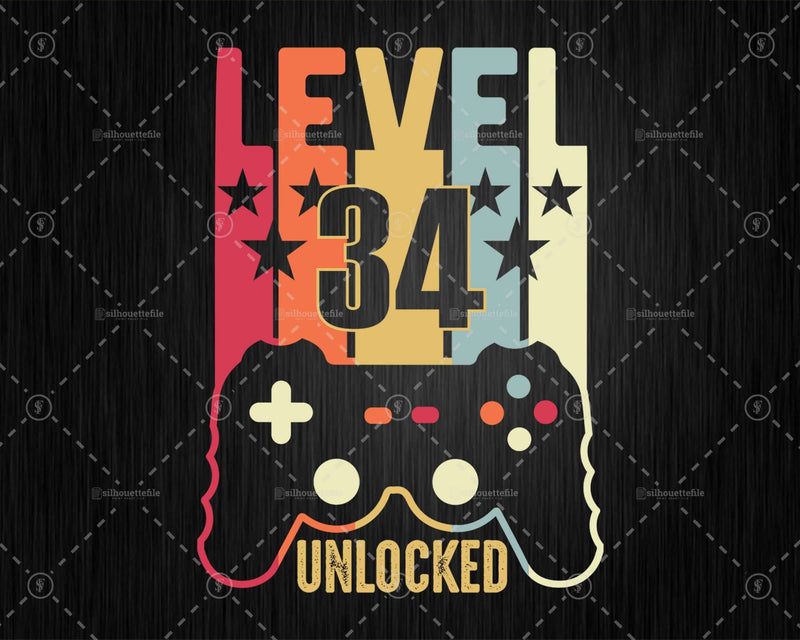 Level 34 Unlocked 34th Birthday Vintage Video Gamer Svg Cut