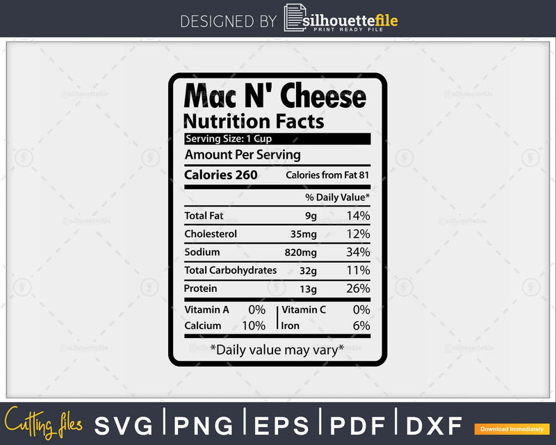 Mac and Cheese Nutrition Funny Thanksgiving N’ Svg Png