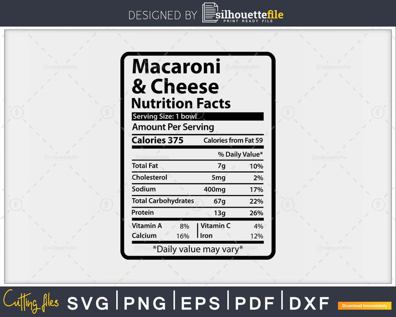 Macaroni and Cheese Nutrition Facts Funny Thanksgiving Svg