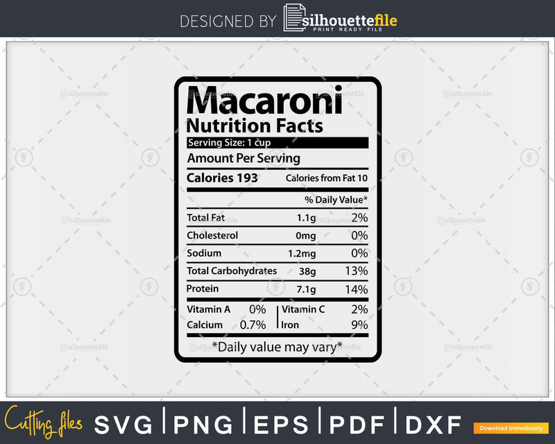 Macaroni Nutrition Facts Funny Thanksgiving Christmas Svg