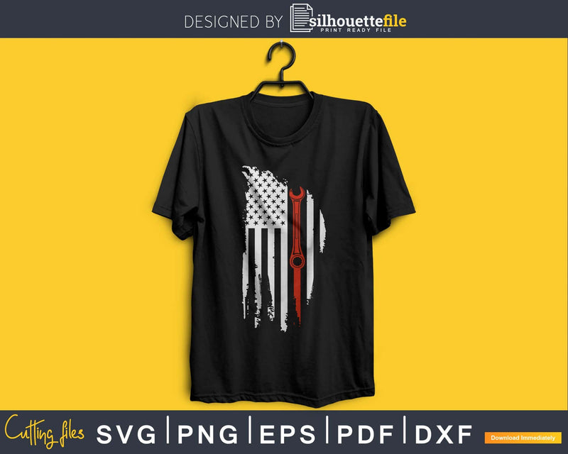 mechanic thin red line USA flag with wrench svg png files