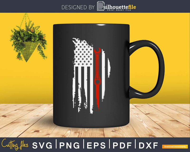 mechanic thin red line USA flag with wrench svg png files