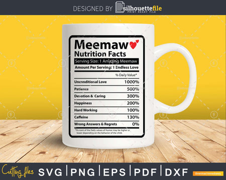 Meemaw Nutrition Facts Funny Mothers Day Svg Png Cricut