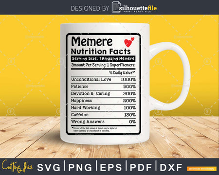 Memere Nutrition Facts Funny Mothers Day Svg Png Cricut