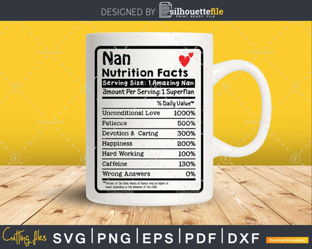 Nan Nutrition Facts Funny Mothers Day Svg Vector T-shirt