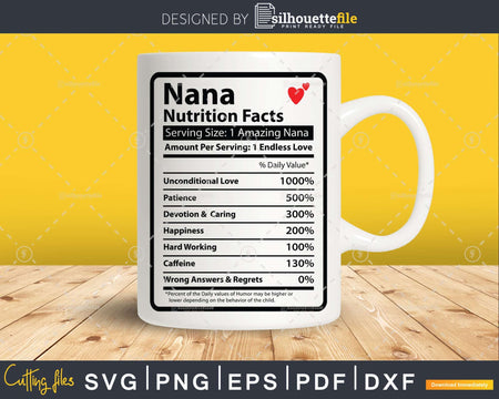 Nana Nutrition Facts Funny Mothers Day Svg Vector T-shirt