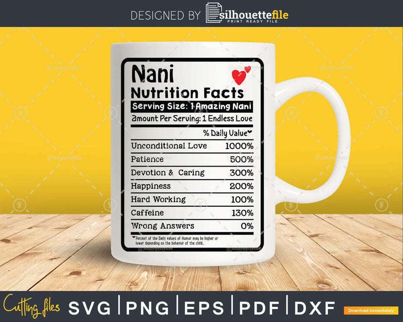 Nani Nutrition Facts Funny Mothers Day Svg Vector T-shirt