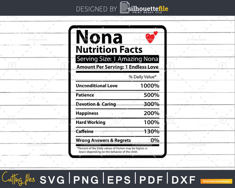 Nona Nutrition Facts Funny Mothers Day Svg Vector T-shirt