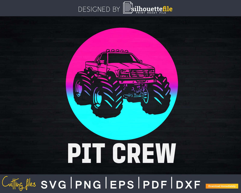 Pit Crew Monster Trucks Happy Sunset Retro Theme Svg